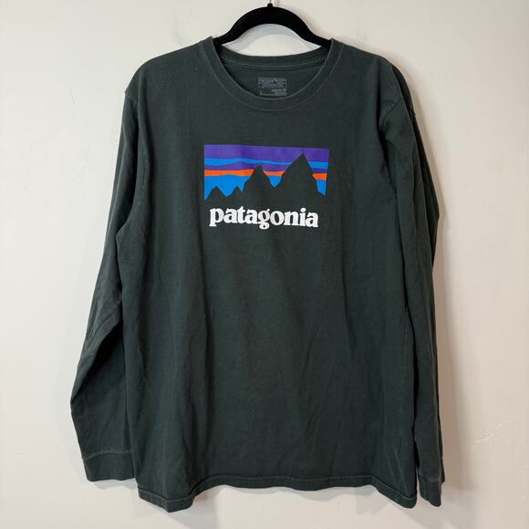 Patagonia Men's Shop Sticker Long-Sleeve Tee Graphic Logo Dark Green Large - Picture 1 of 8